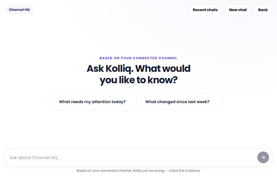 Ask Kolliq workspace with channel-aware starter questions